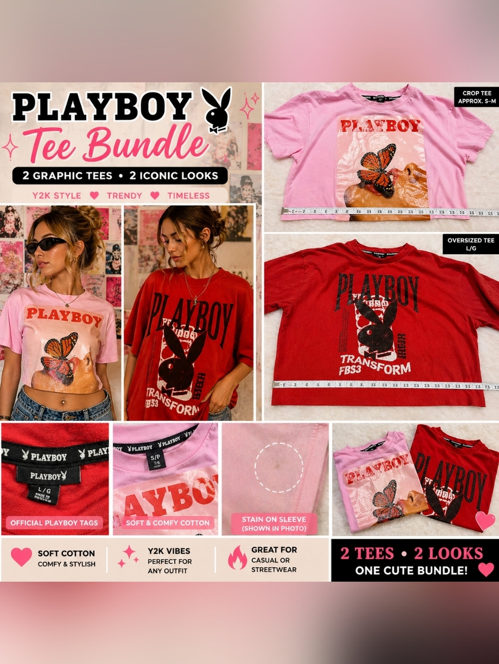 🔥 Playboy Graphic Tee Bundle (2 Tops) Pink Crop + Red Oversized